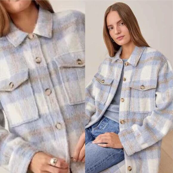 REFORMATION Size M Ainslie Plaid Jacket Coat Flannel Oversized Light Blue - Picture 10 of 10